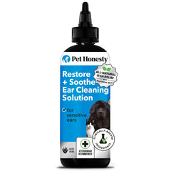 Pet Honesty Restore + Soothe ear cleaner bottle shows gentle care for sensitive ears