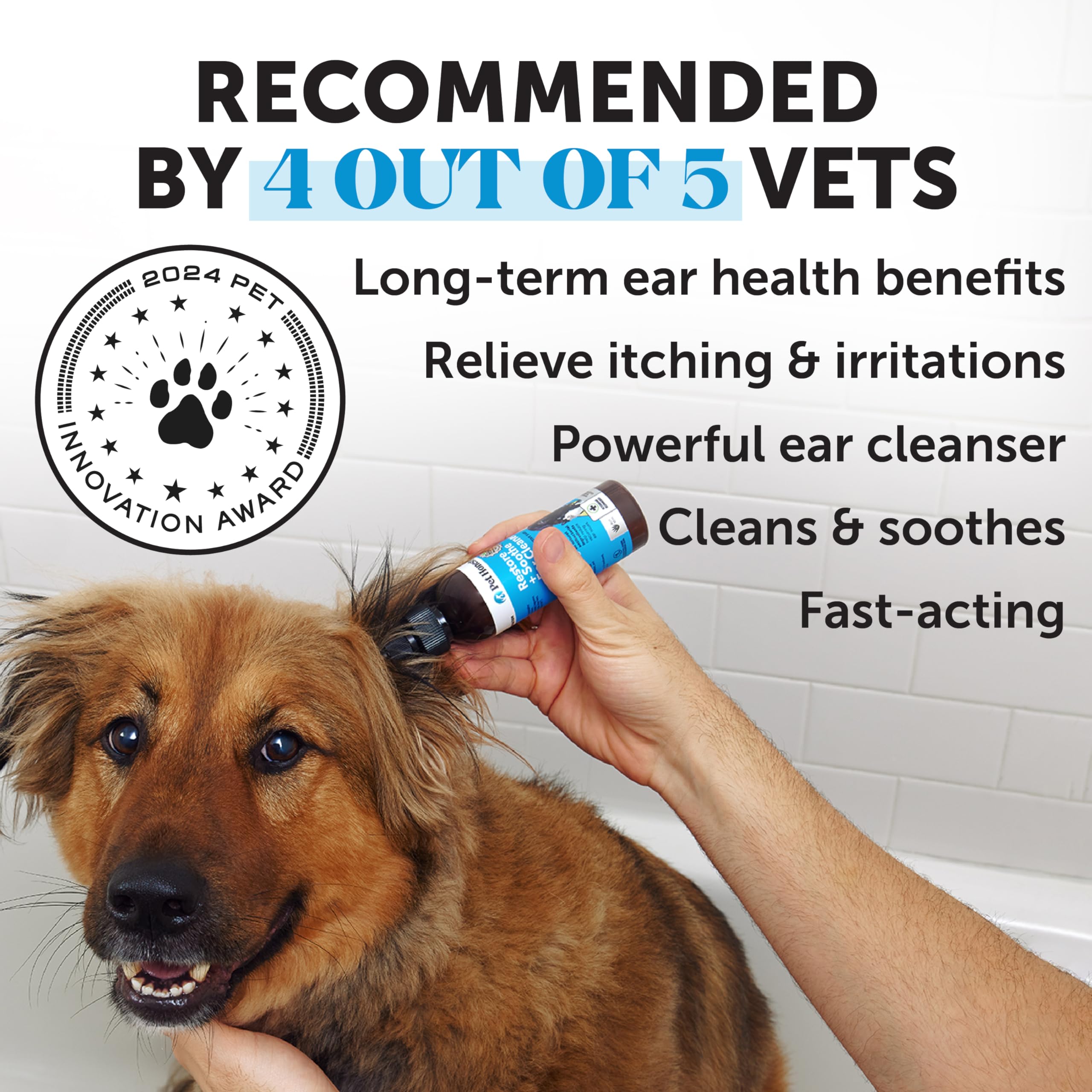 Pet Honesty Restore + Soothe ear cleaner dog-ears demonstrates calming itching use