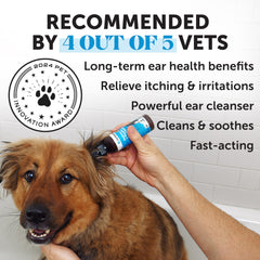 Pet Honesty Restore + Soothe ear cleaner dog-ears demonstrates calming itching use