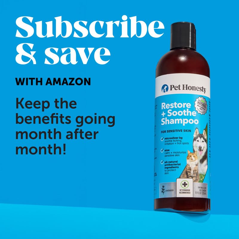 Pet Honesty Restore + Soothe shampoo bathroom-scene ready for bath time routine
