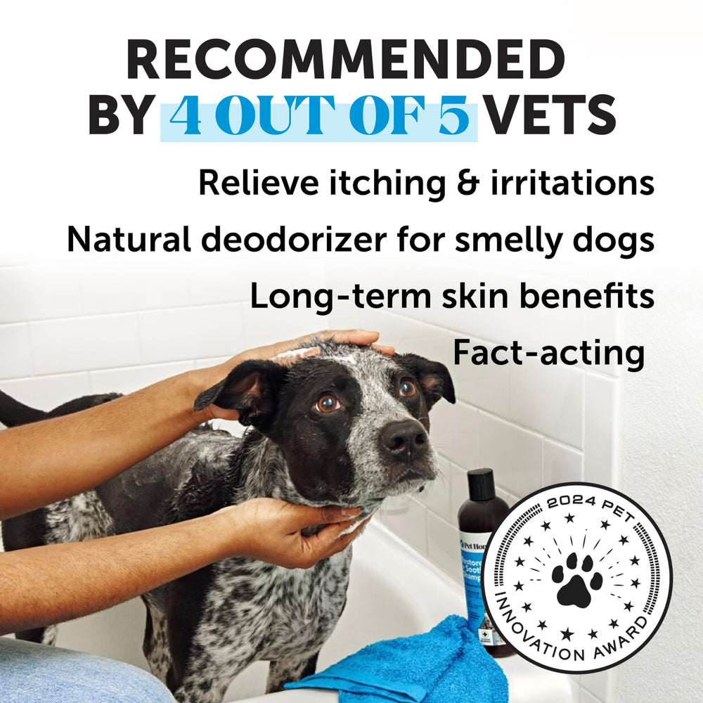 Pet Honesty Restore + Soothe shampoo bottle-back highlights clean ingredients for sensitive-skin care