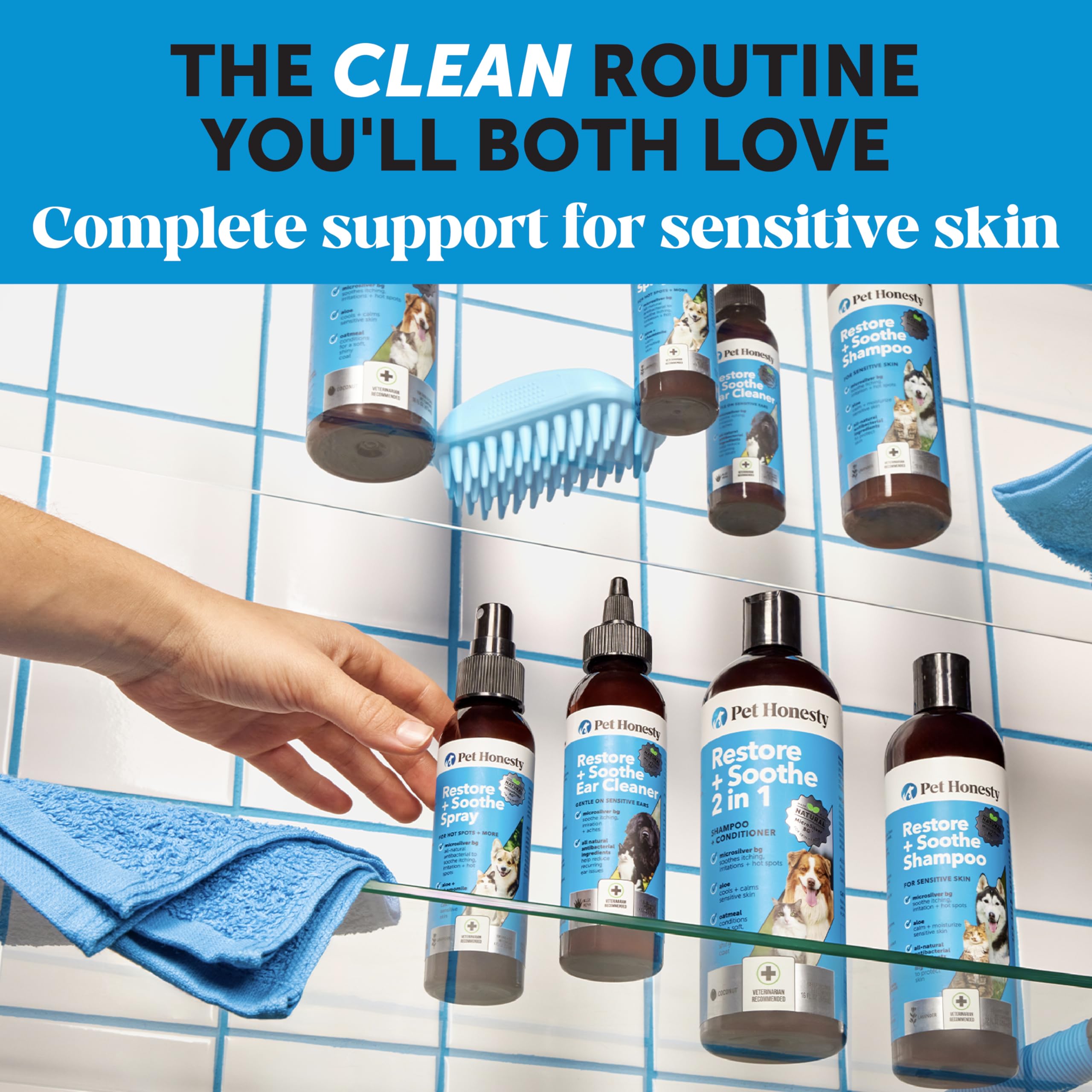 Pet Honesty Restore + Soothe shampoo container-label emphasizes MicroSilver BG benefits