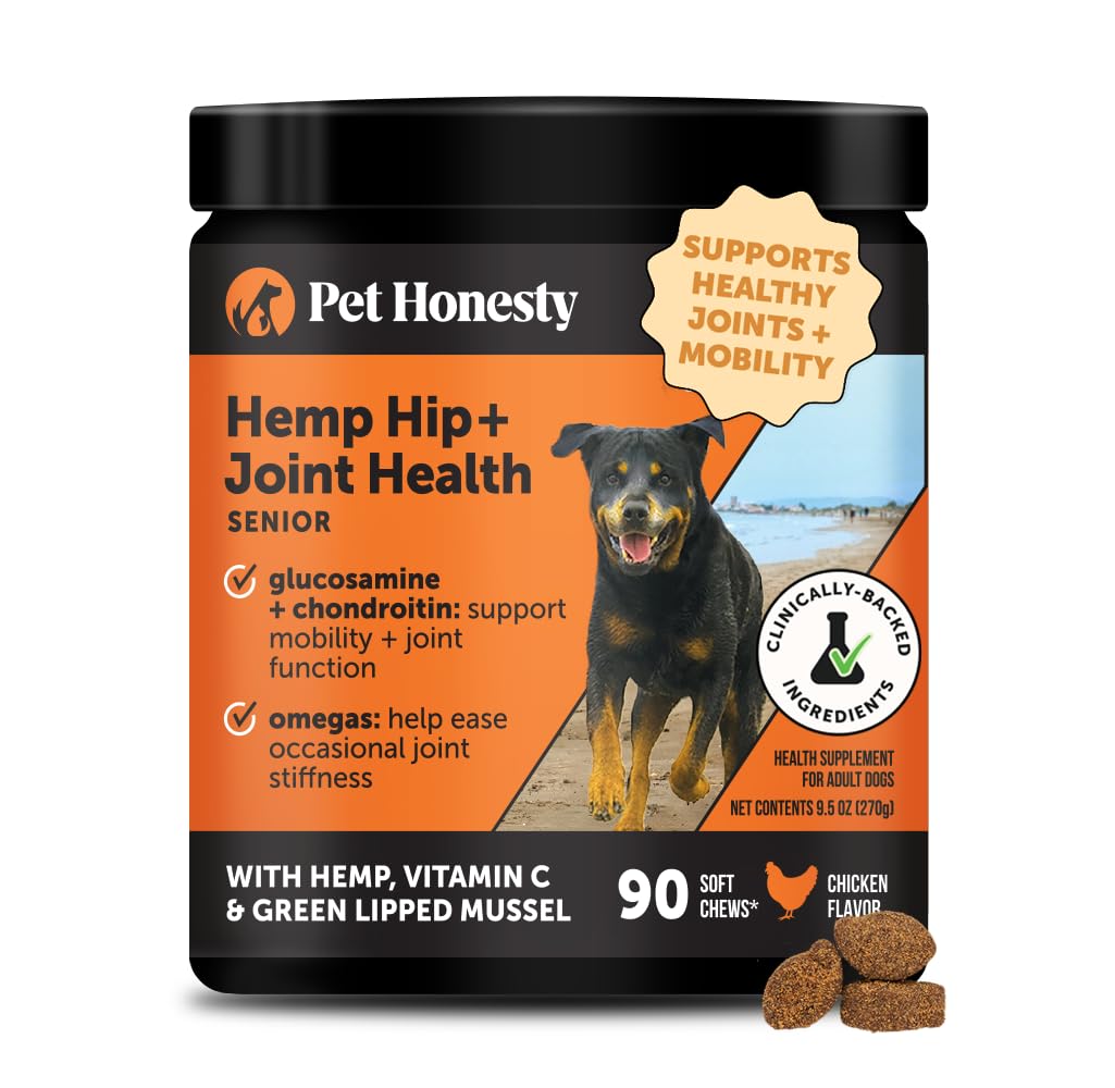 Pet Honesty senior hemp mobility soft chews close-up for joint comfort.