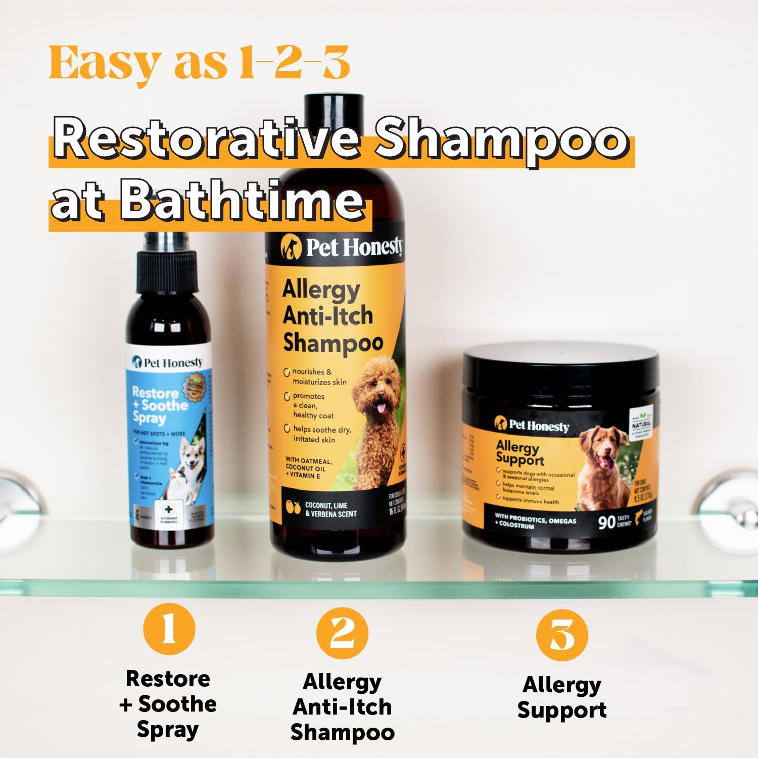Pet Honesty bottle pouring shampoo emphasizes deep cleansing and odor removal.