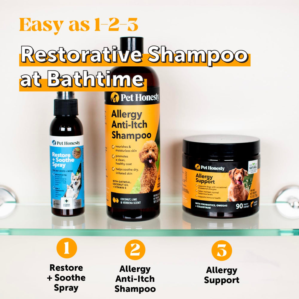 Pet Honesty bottle pouring shampoo emphasizes deep cleansing and odor removal.