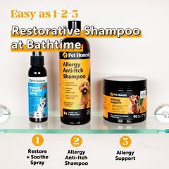 Pet Honesty bottle pouring shampoo emphasizes deep cleansing and odor removal.