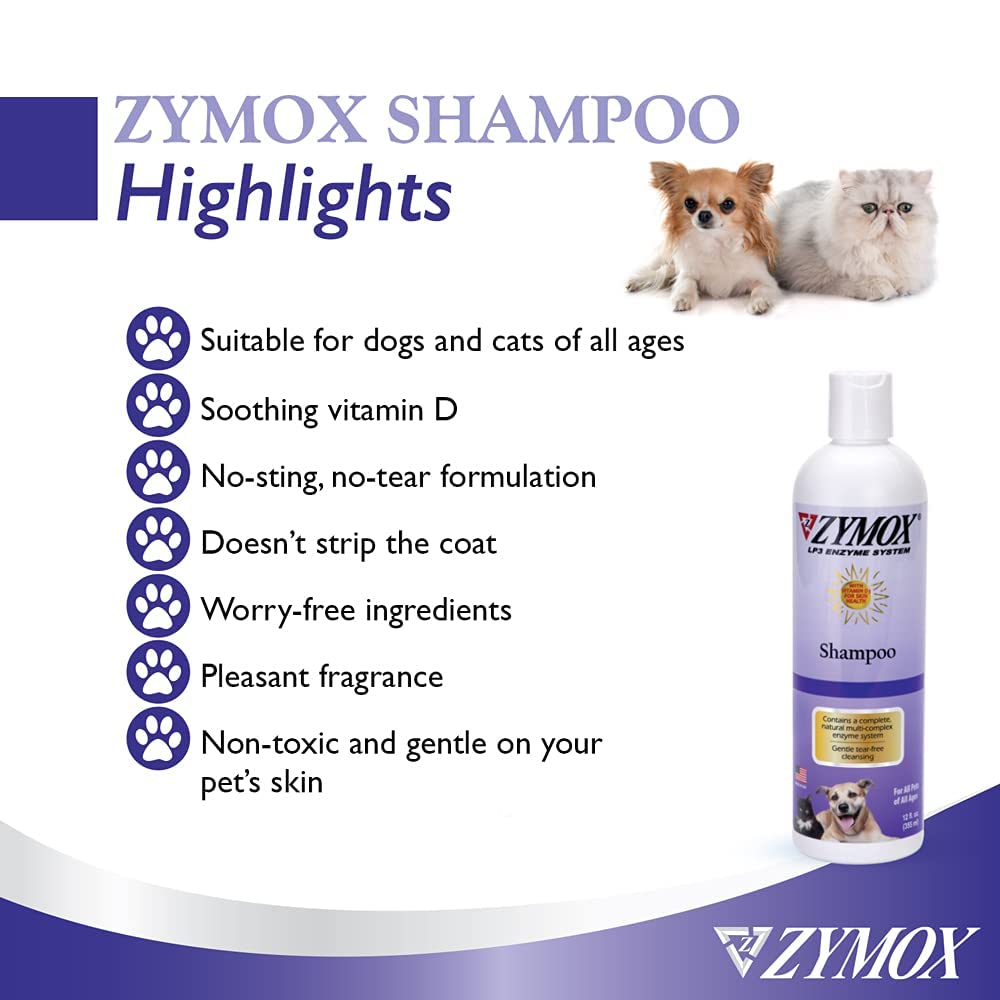 Pet King Brands ZyMOX Shampoo label closeup highlights vitamin D nourishment.