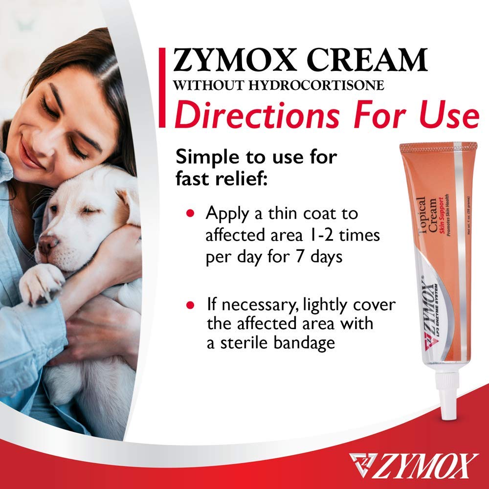 Pet King Brands ZYMOX cream for hot spots demonstrating non-irritating, skin-soothing care.