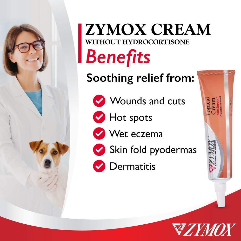 Pet King Brands ZYMOX topical cream applying image showing soothing effect on irritated skin.