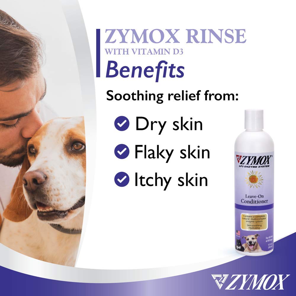 Pet King Brands ZYMOX leave-in conditioner applied to a dog's coat during grooming.
