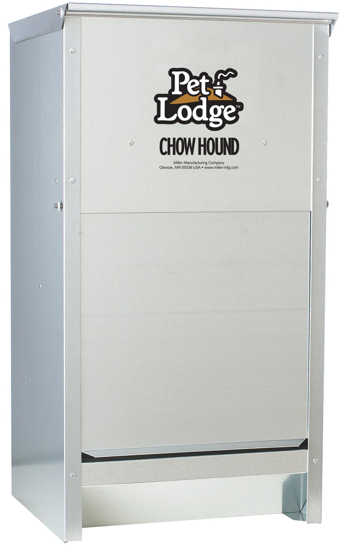 Pet Lodge Automatic Dog Feeder front view highlights weather-resistant galvanized steel.