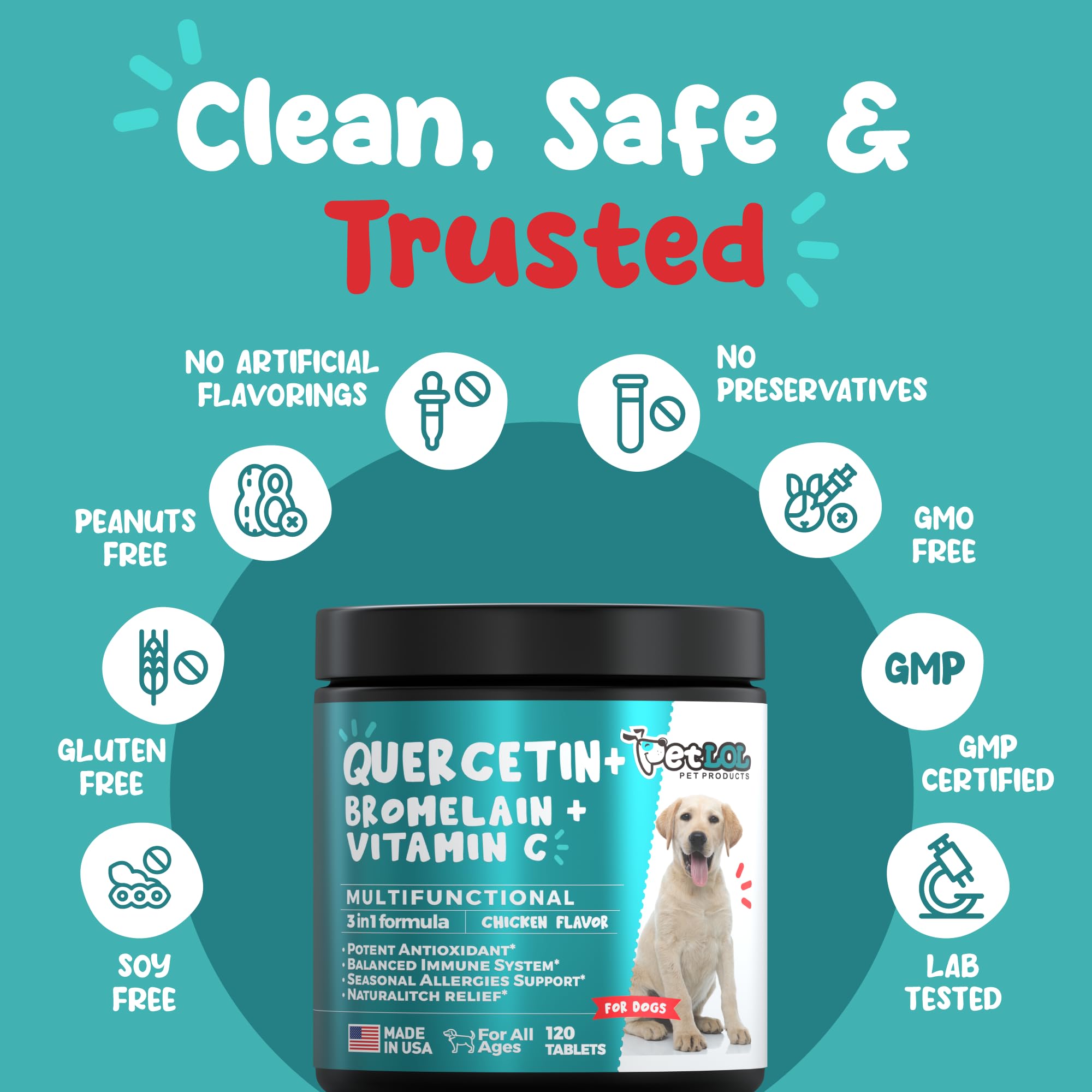 PET LOL Quercetin 120-chews pack image communicates convenient daily dosing.