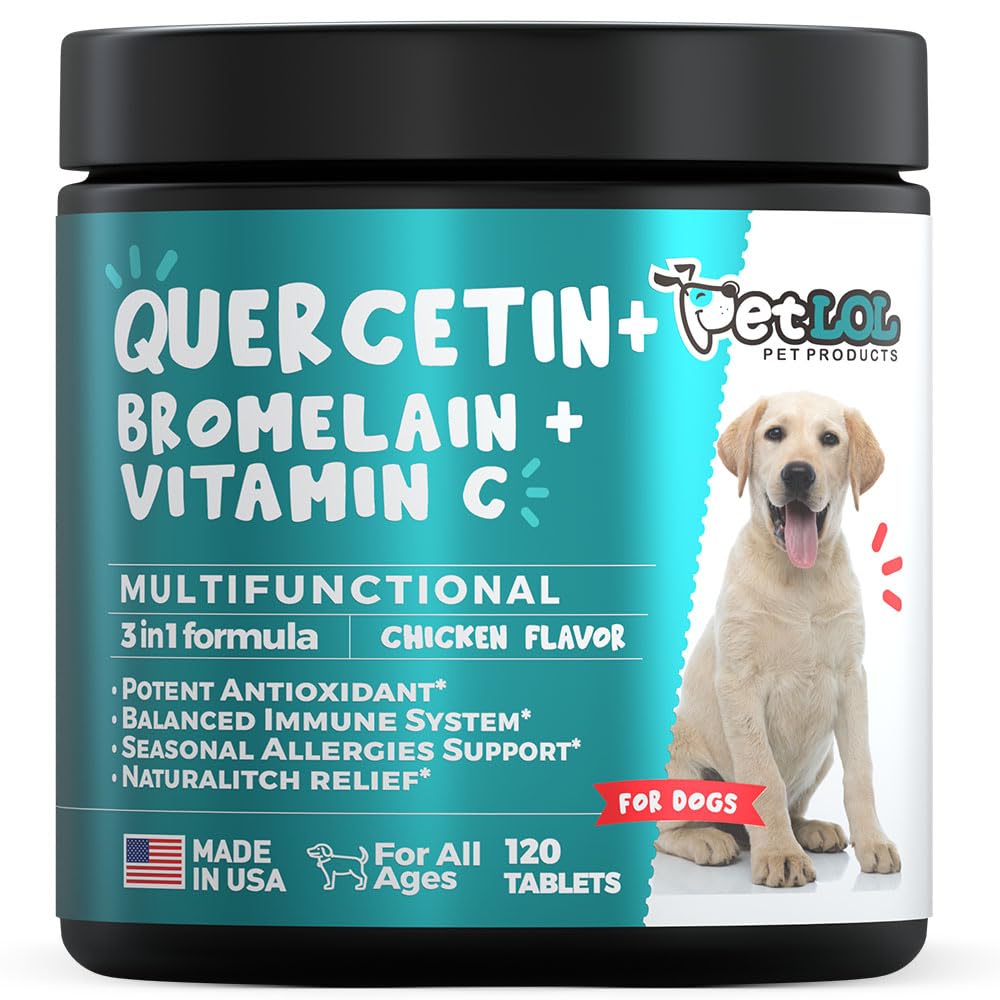 PET LOL Quercetin dog chew tablet closeup showing seasonal allergy relief potential.