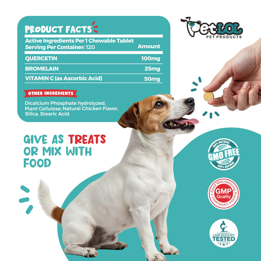 PET LOL Quercetin vitamin-c-dogs image emphasizes immune health and antioxidant support.