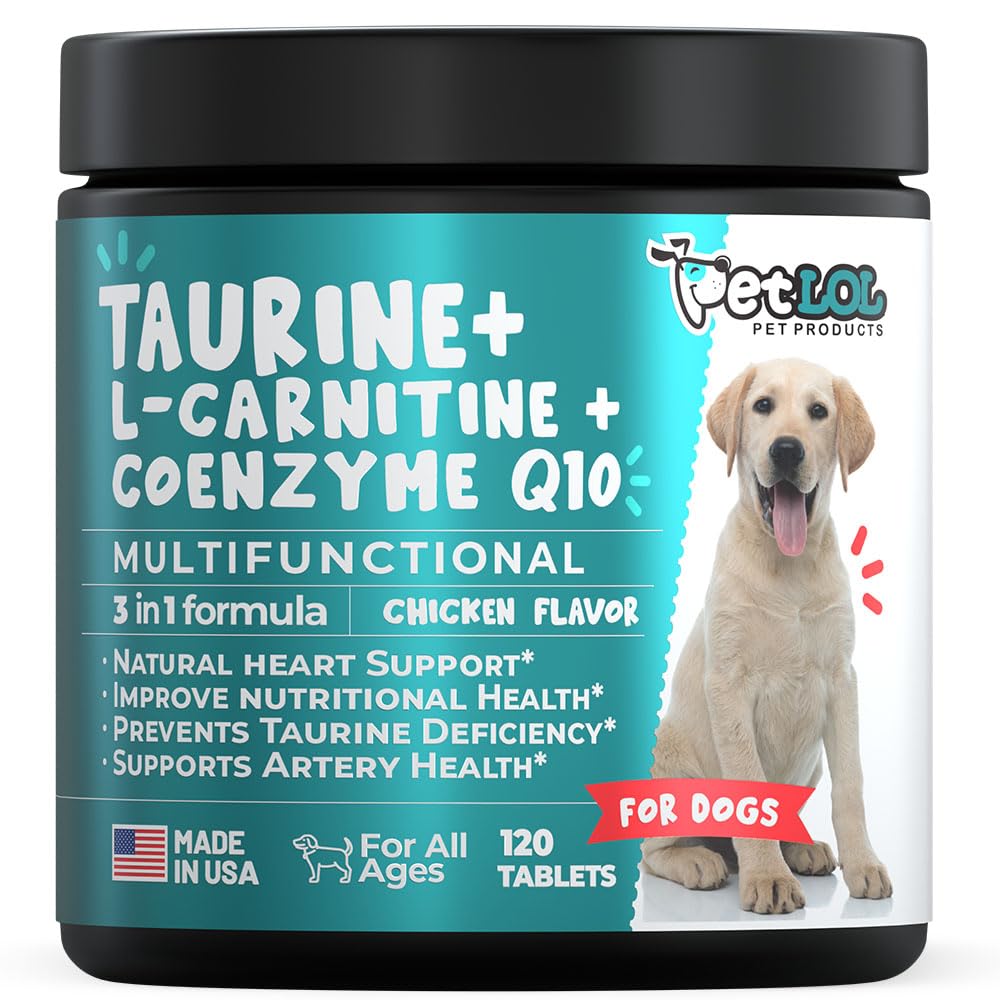 PET LOL taurine supplement bottle closeup highlighting heart-supporting formula
