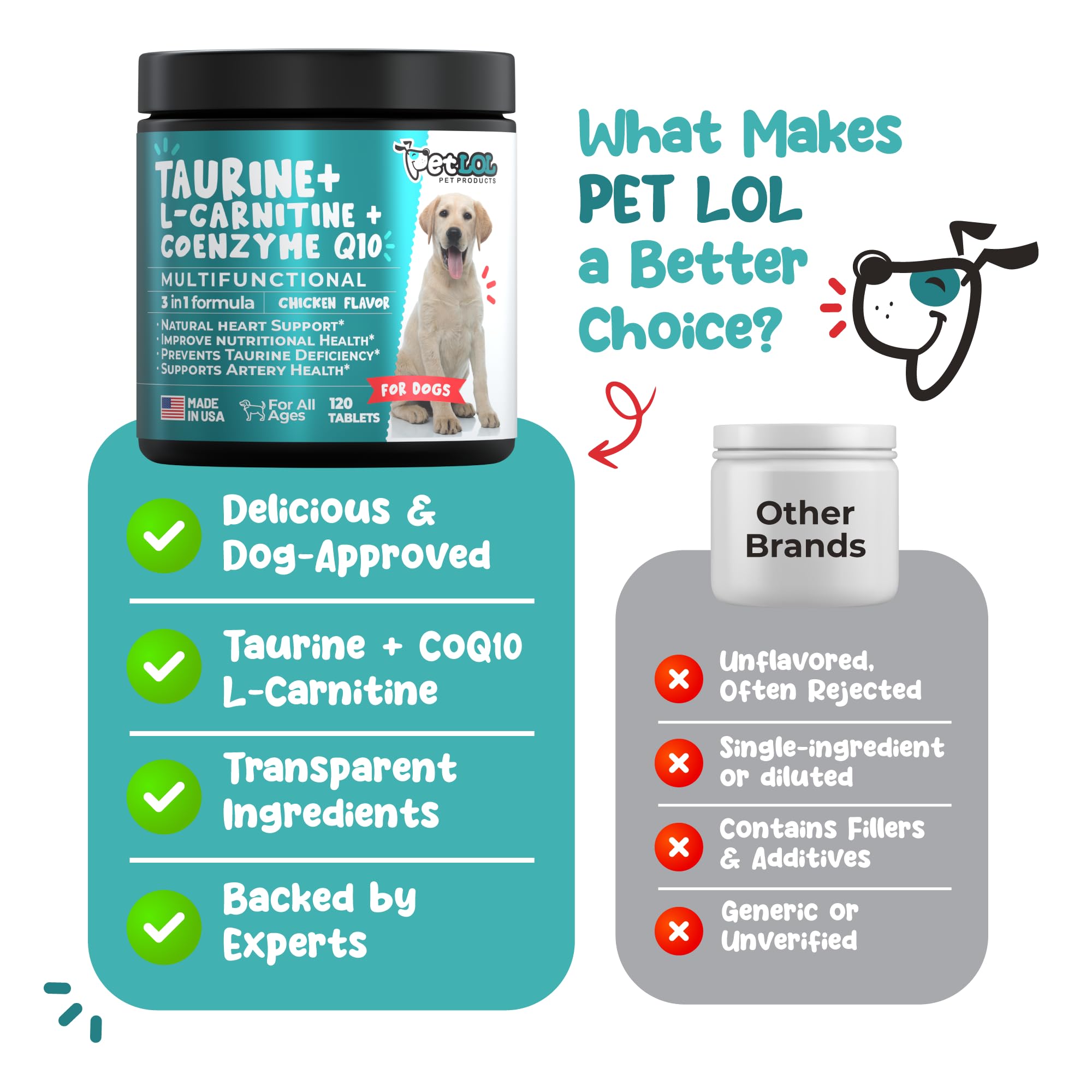 PET LOL taurine supplement daily-use bottle with calm, steady energy imagery