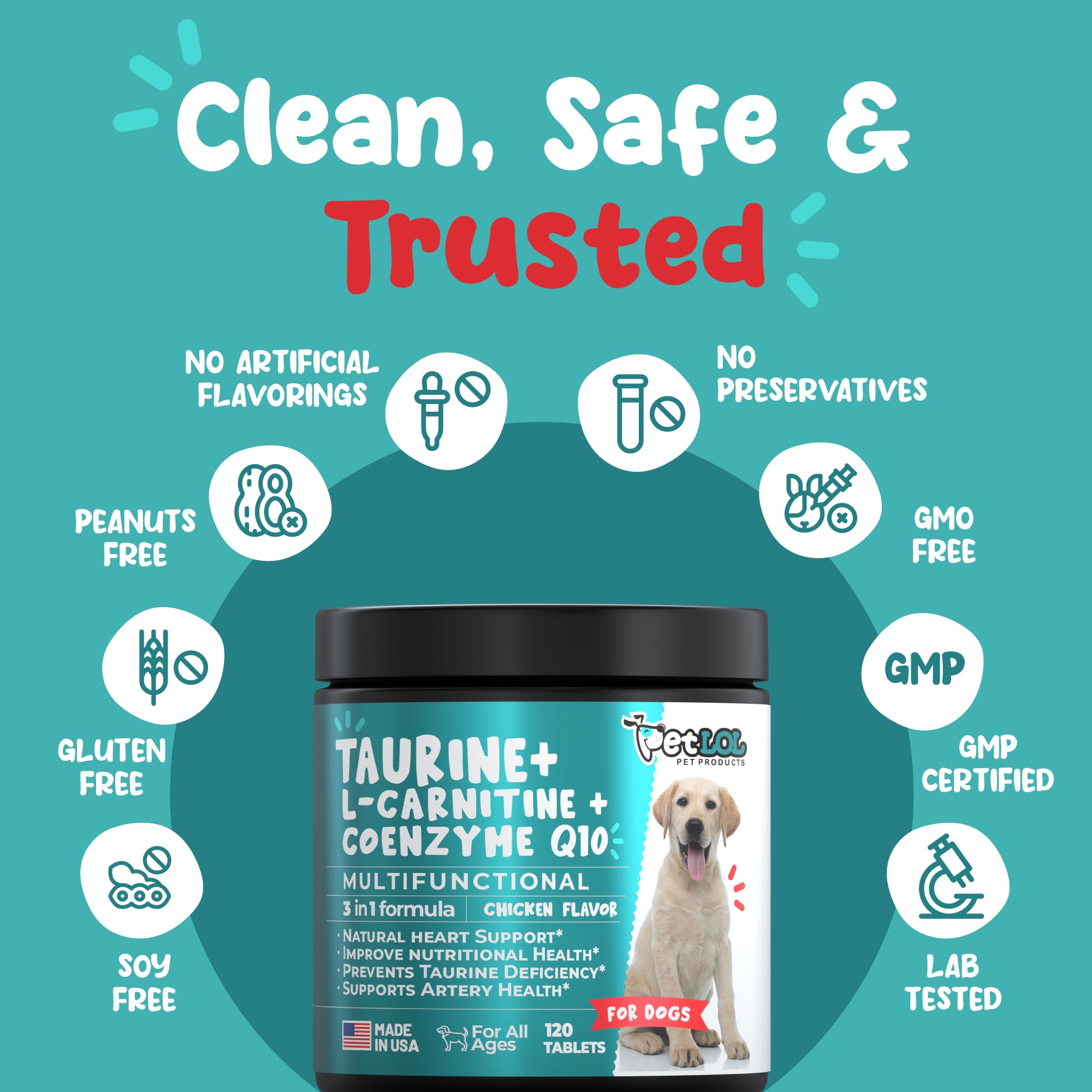 PET LOL taurine ingredients feature chart highlighting 500mg taurine per serving