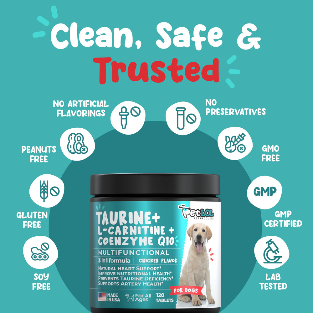 PET LOL taurine ingredients feature chart highlighting 500mg taurine per serving
