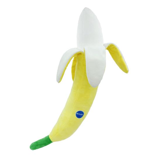 Pet Lou banana-shaped dog toy showing peeled plush with squeakers for interactive play and durable comfort.