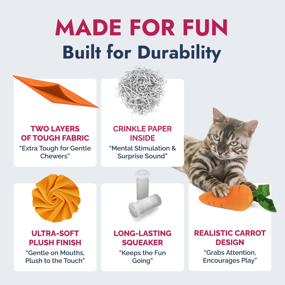 Pet Lou carrot plush toy crinkle inside for sensory feedback and enrichment.