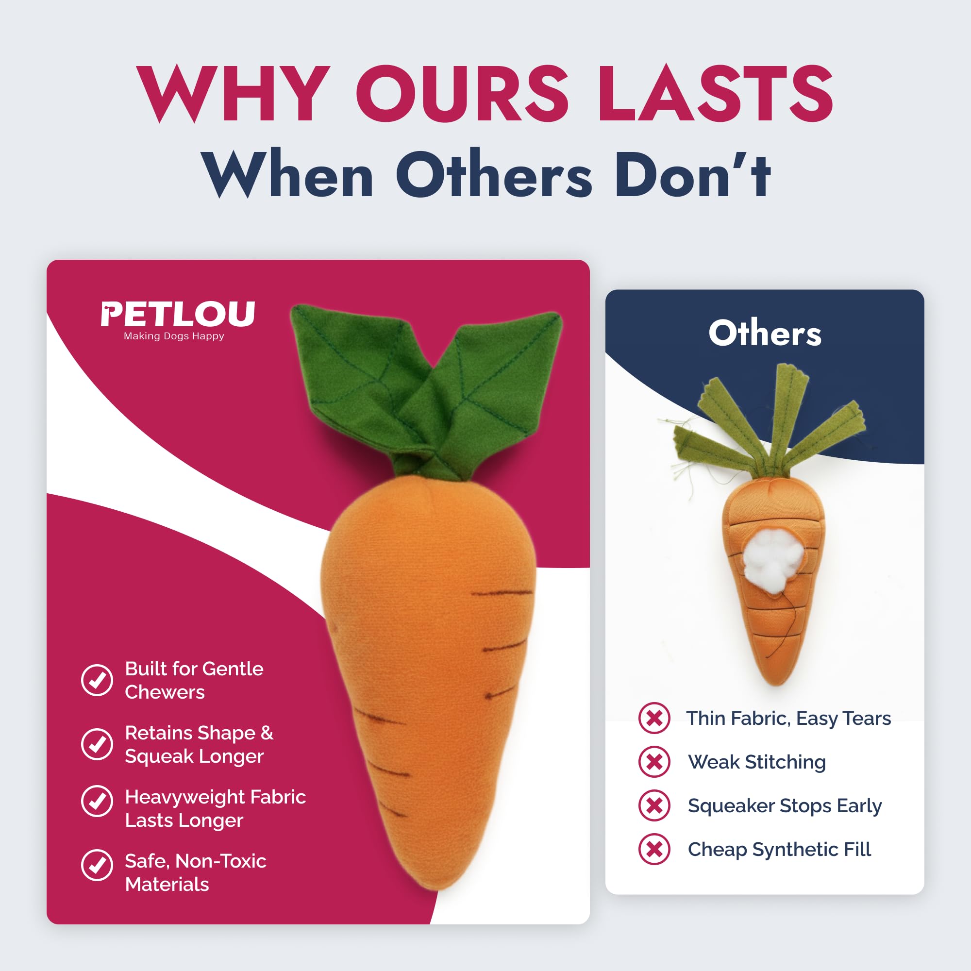 Pet Lou carrot toy all-breeds playtime closeup showcasing safe materials.