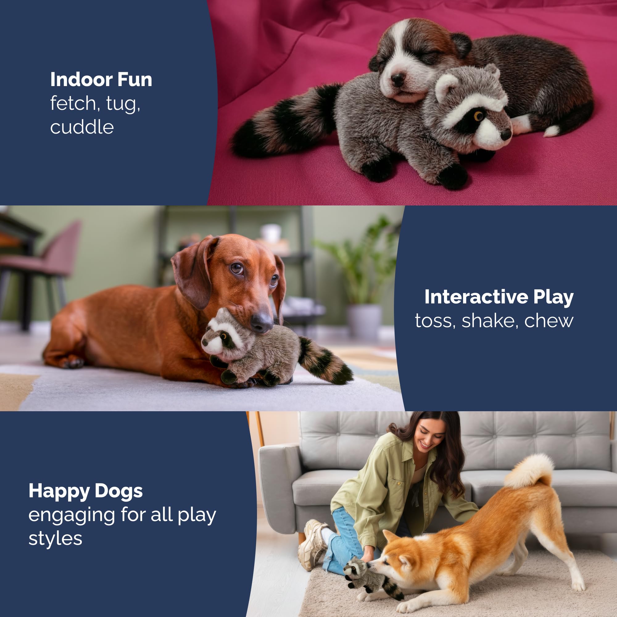 Pet Lou RAC-8 mapache peluche lavable, limpieza rápida para uso frecuente.