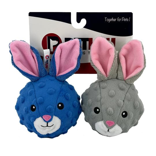Pet Lou Rabbit EZ Squeaky Ball twin pack front view, 4-inch bunny-head toy for interactive play.