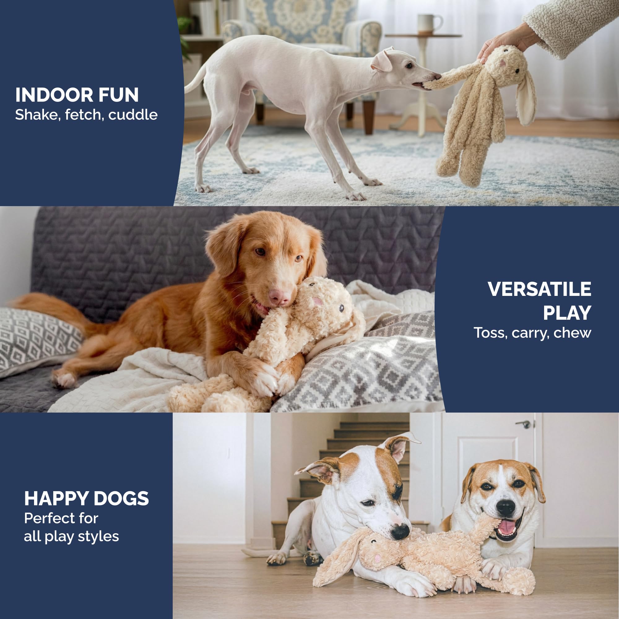 Pet Lou stuffingless floppy plush dog toy 19in rabbit lightweight grip for indoor outdoor fun