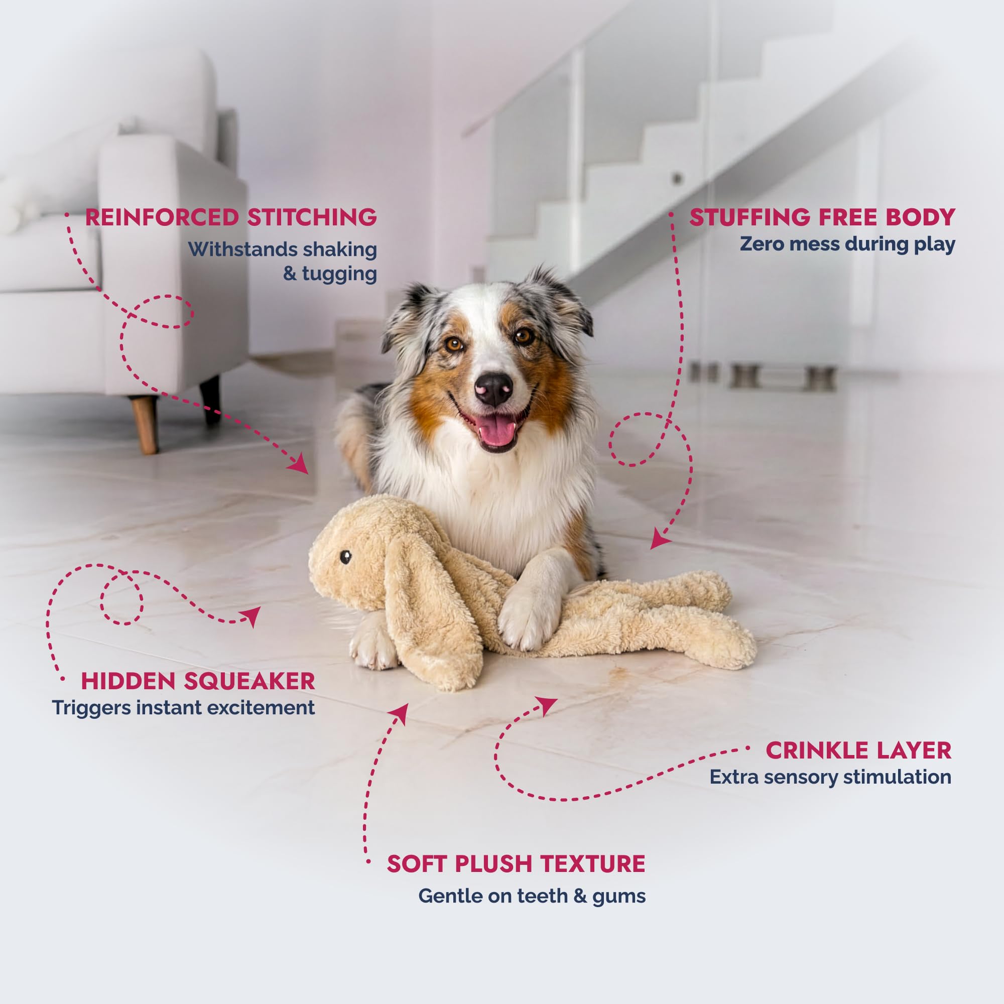 Pet Lou stuffingless floppy plush dog toy 19in rabbit tug-action supports fetch and chew time