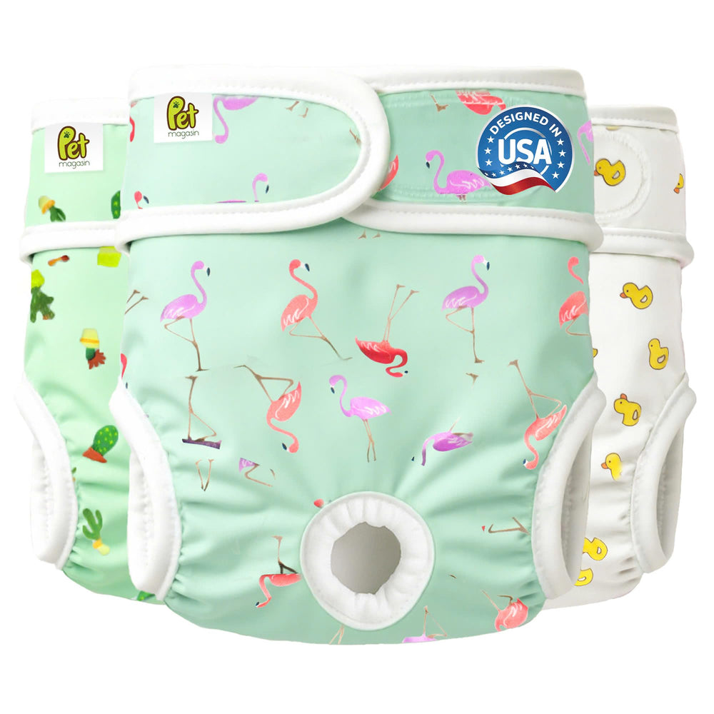 PET MAGASIN pack shot shows three pack of super absorbent reusable dog diapers for easy home protection