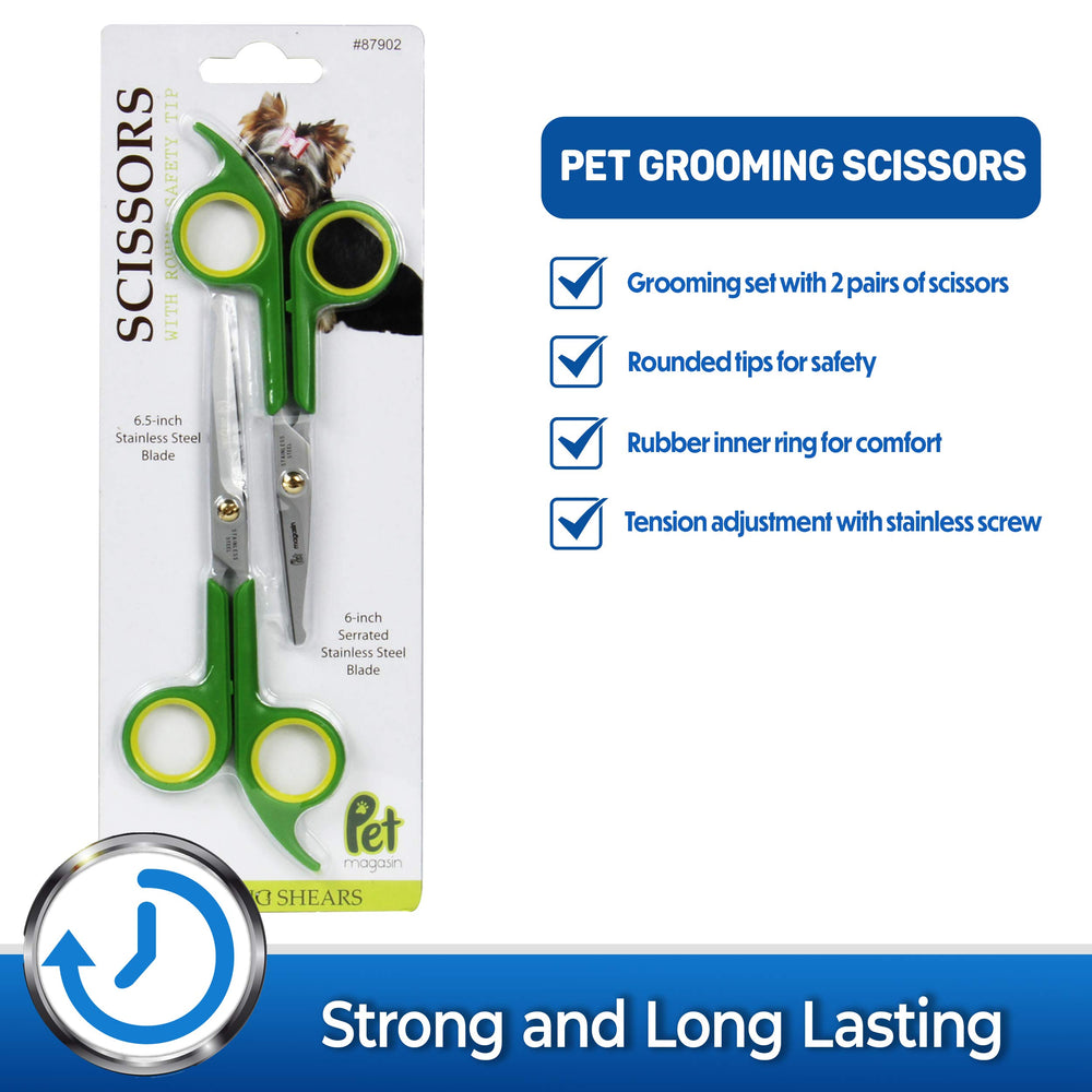 Pet Magasin two-scissors-set boosts versatility for body and facial grooming.