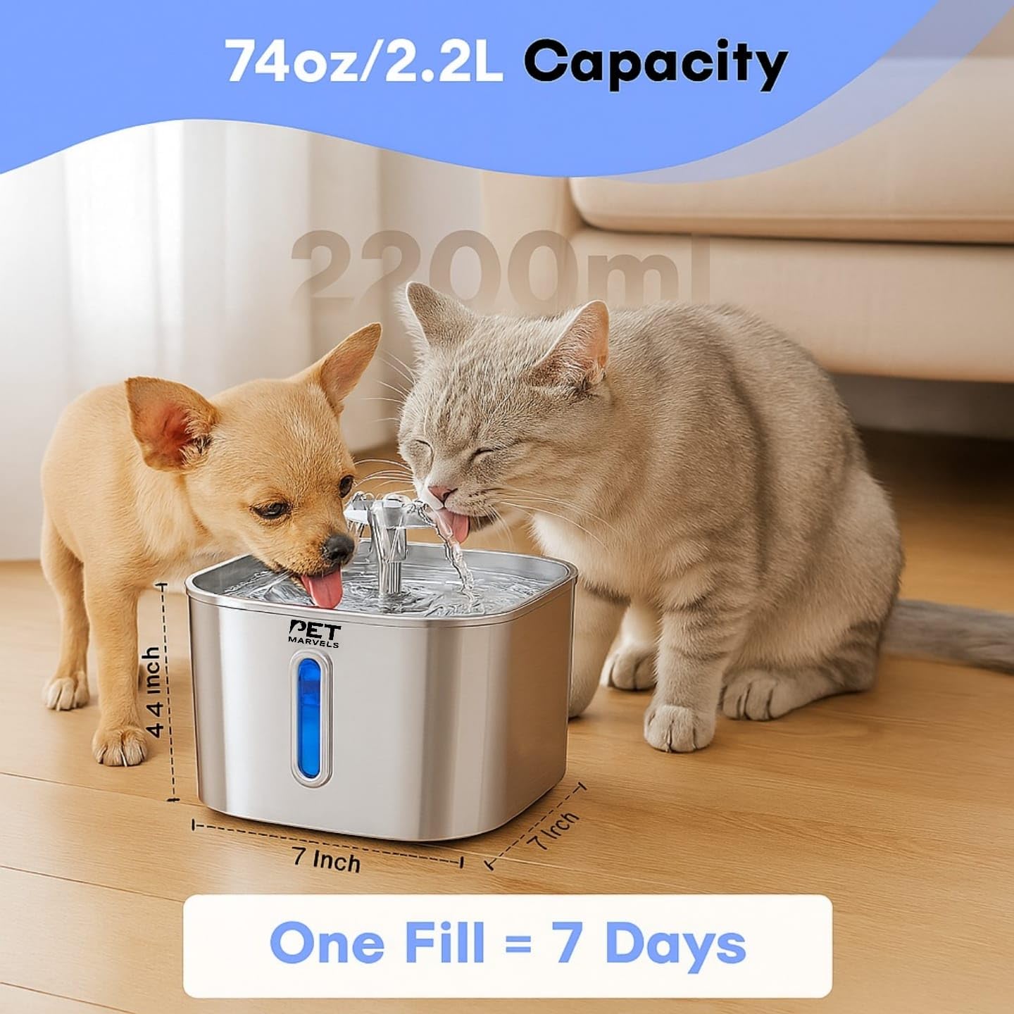 Pet Marvels 2.2L capacity water level window demonstrates convenient refills