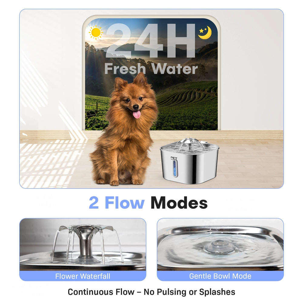 Pet Marvels 74oz capacity fountain illustrates lasting hydration between fills