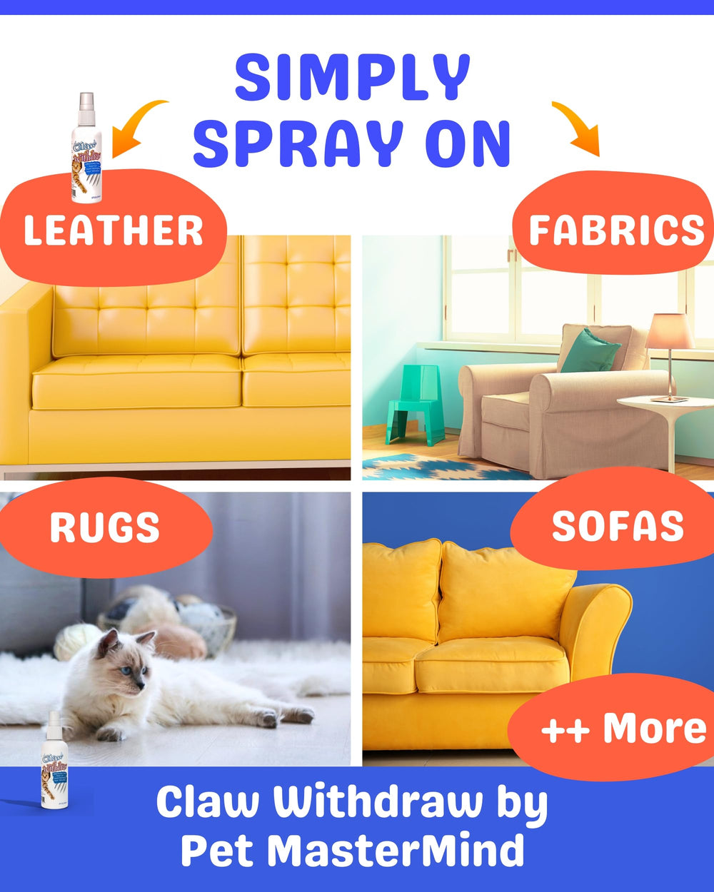 Pet MasterMind Claw Withdraw applied to leather couch demonstrates non-stain formula.
