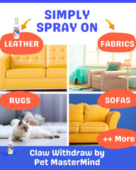 Pet MasterMind Claw Withdraw applied to leather couch demonstrates non-stain formula.