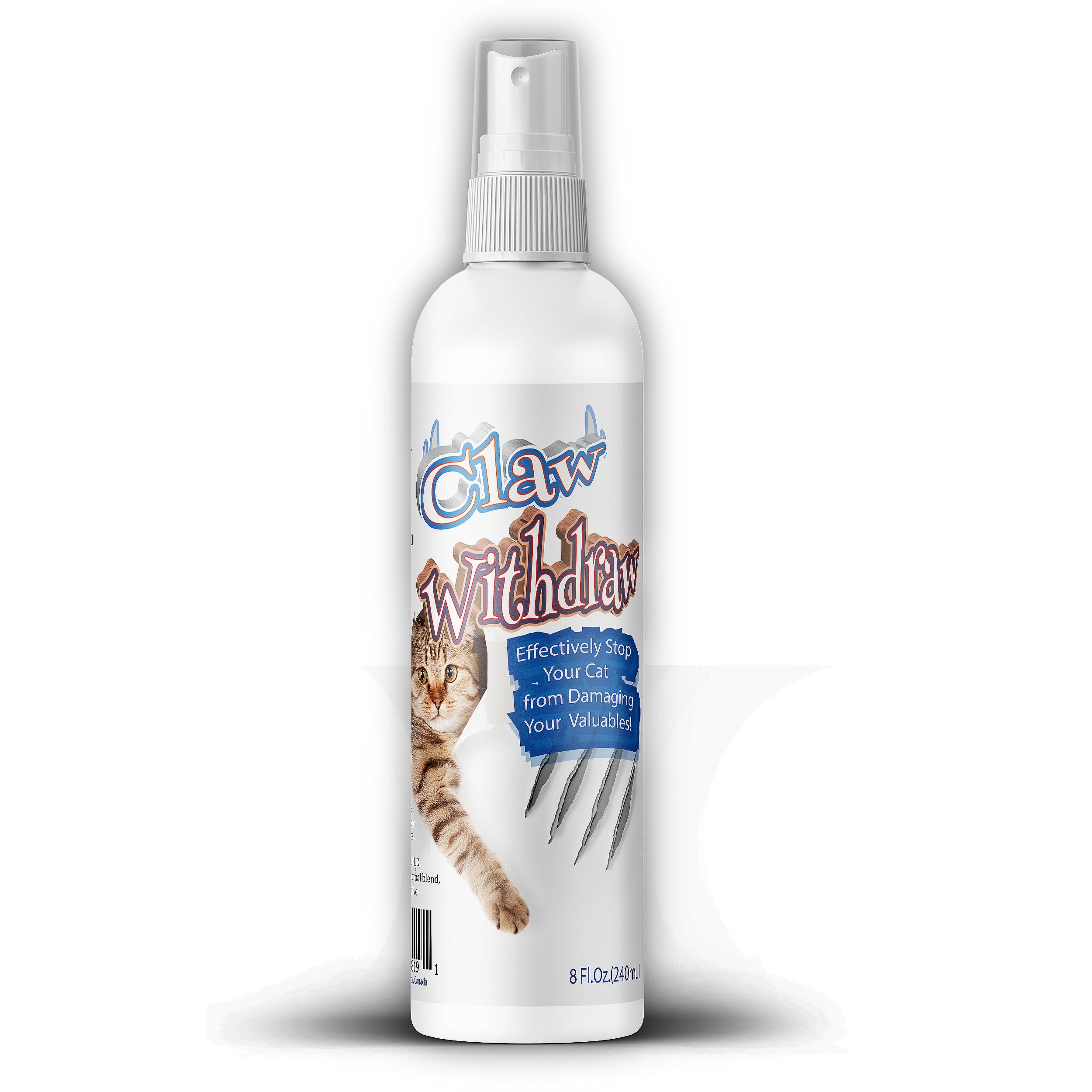 Pet MasterMind Claw Withdraw spray bottle showing plant-based deterrent for cat scratching.