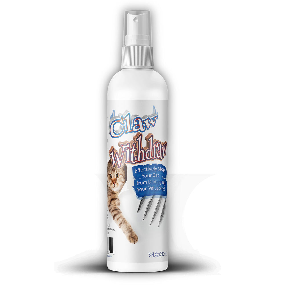 Pet MasterMind Claw Withdraw spray bottle showing plant-based deterrent for cat scratching.