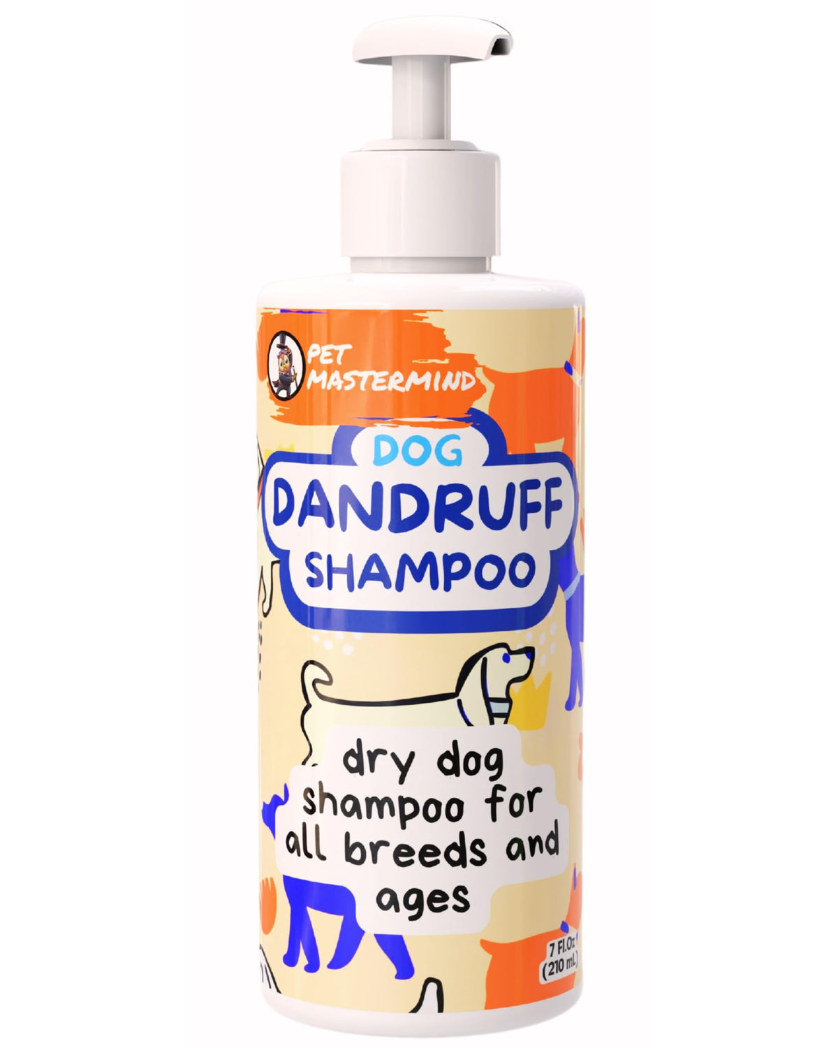 Pet MasterMind dog dandruff shampoo bottle shows waterless formula for quick cleanups