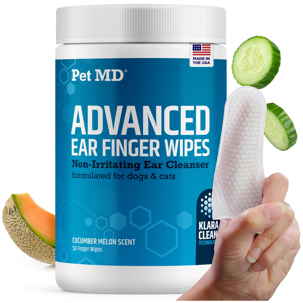 Pet MD Advanced Ear Finger Wipes on finger for precise dog ear cleaning with cucumber-melon scent.