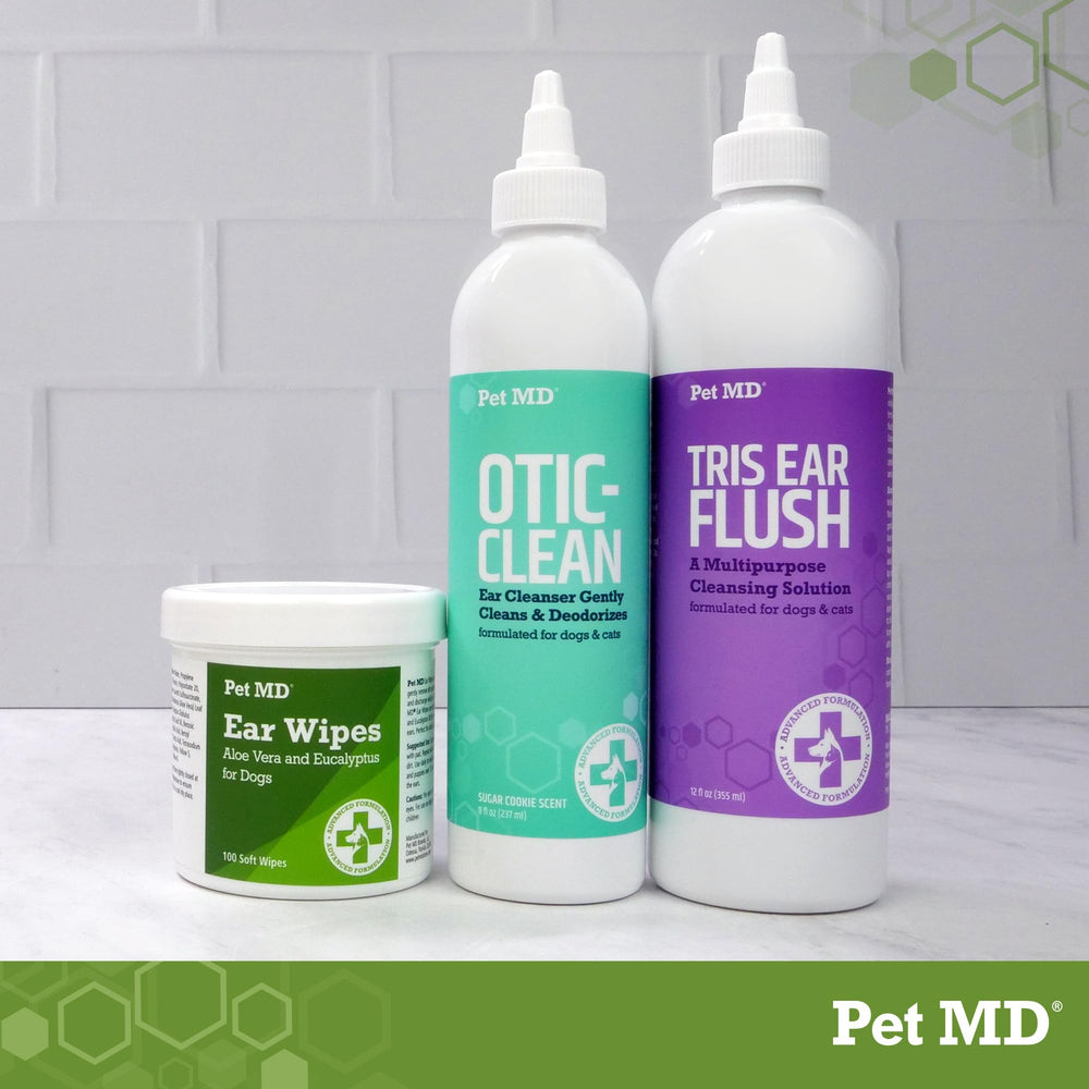 Pet MD after-swimming ear cleaner use helps flush debris after outdoor adventures.