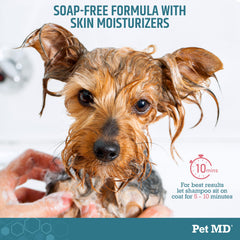 Pet MD benzoyl peroxide shampoo on dog coat after bath shows clean fur.