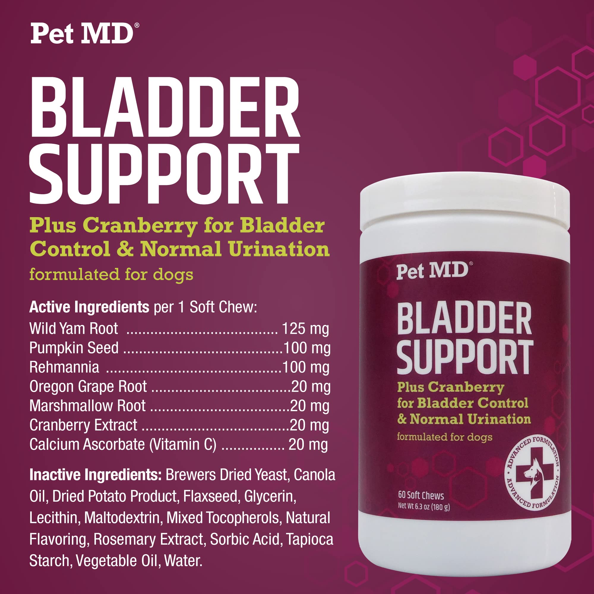 Pet MD Bladder Support Plus Cranberry dog urinary-health-use illustration.