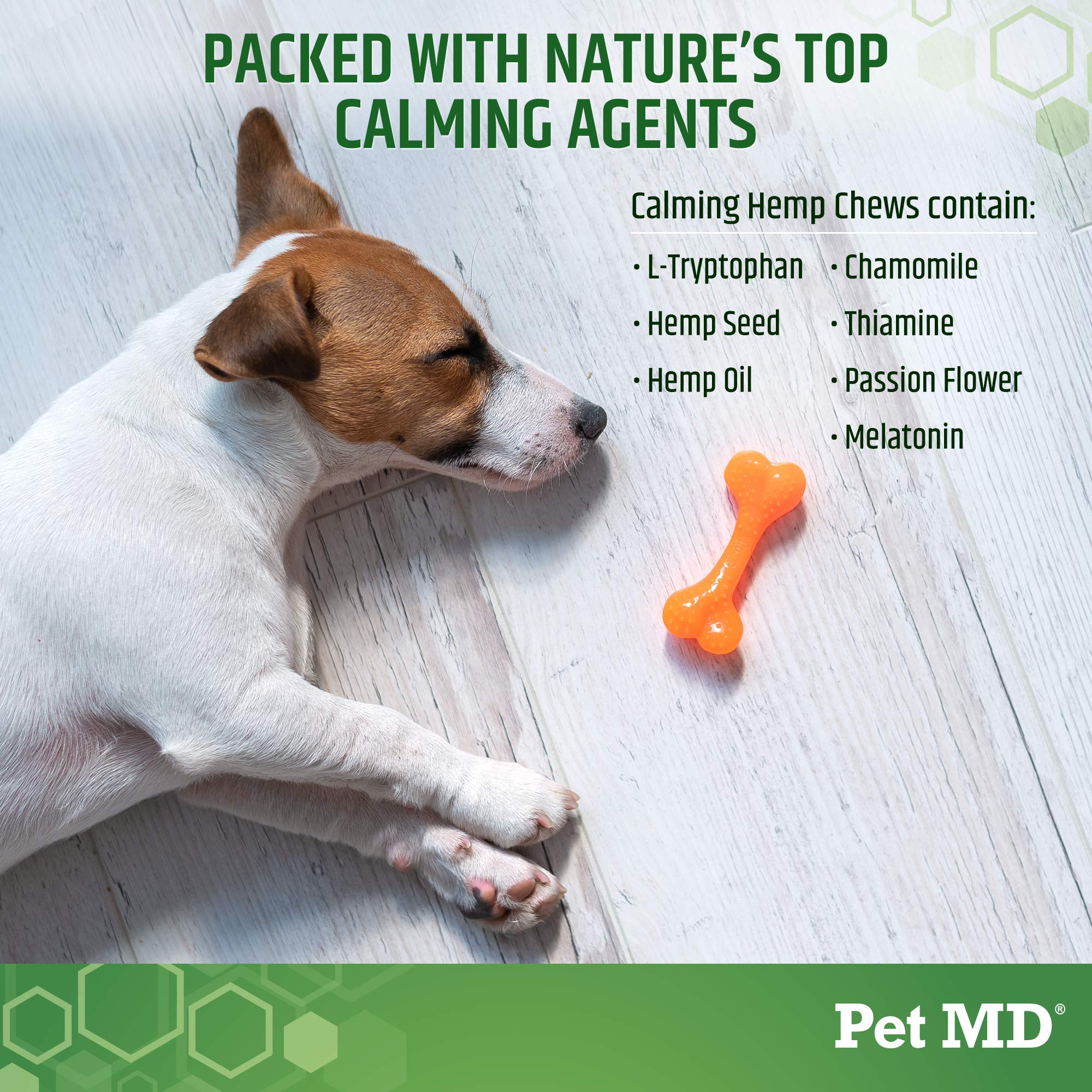 Pet MD Calming Chews dog activity scene shows relaxed behavior during vet visits.