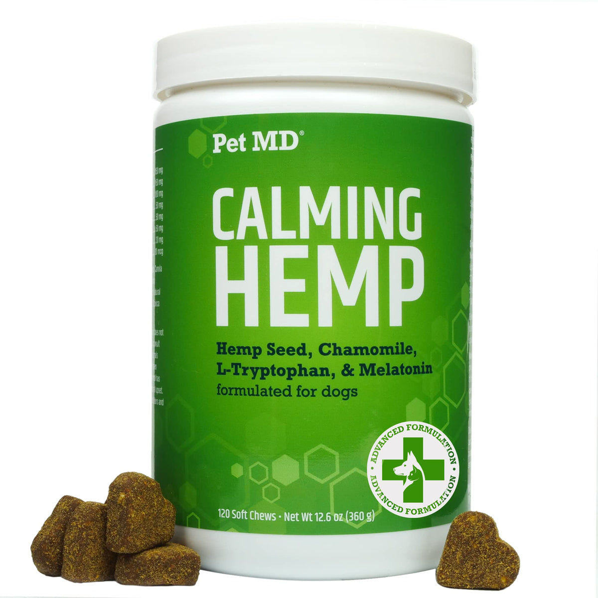 Pet MD Calming Chews bottle shows calming aid for dog anxiety relief at home.