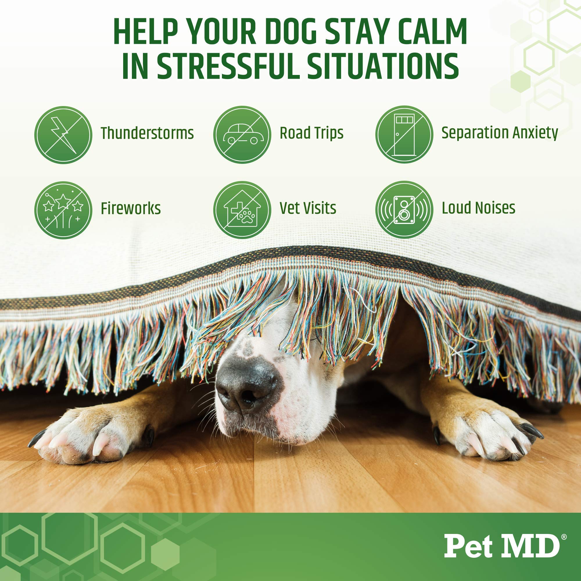 Pet MD Calming Chews ingredients scene featuring hemp, chamomile, melatonin.