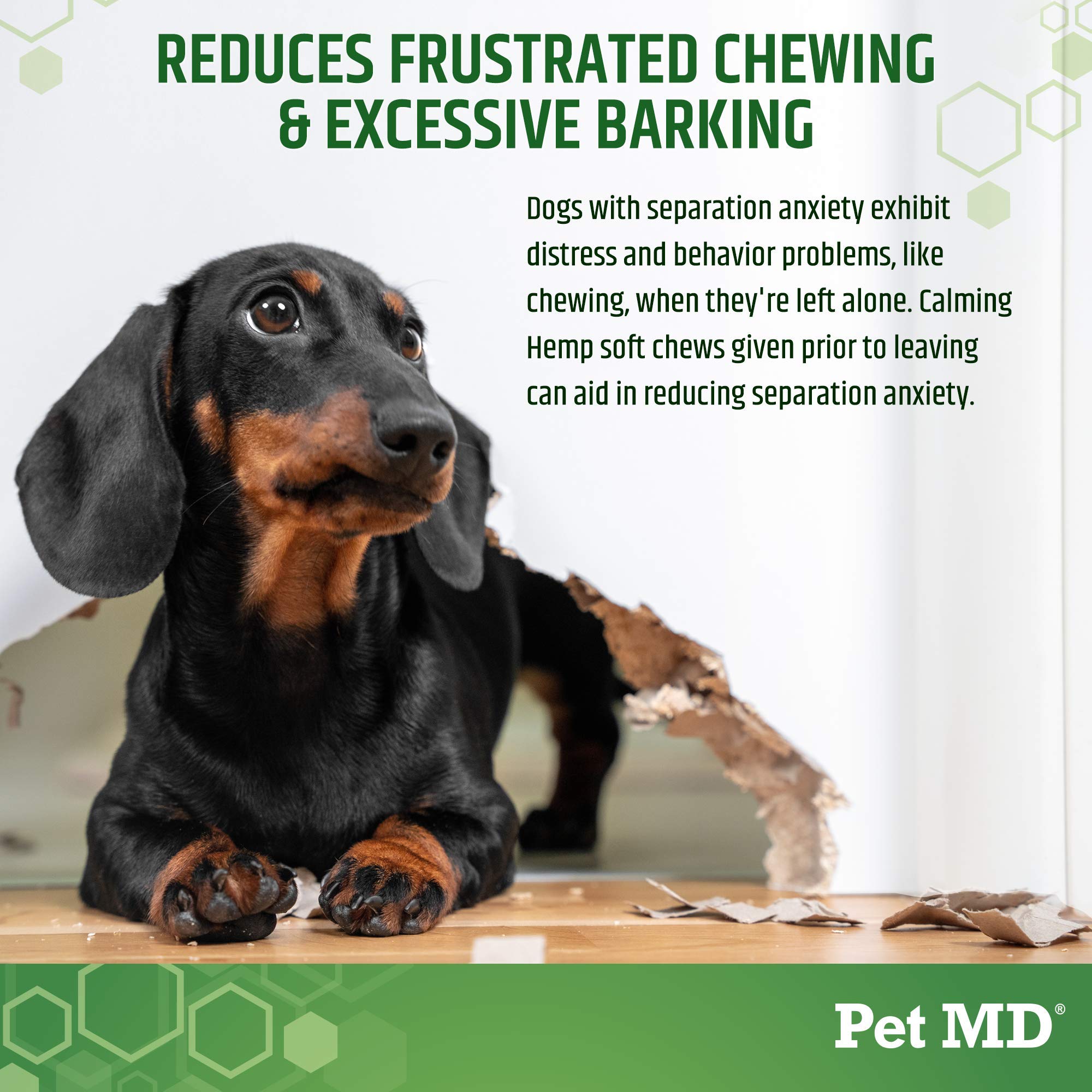 Pet MD Calming Chews labeled packaging emphasizes USA-made quality.