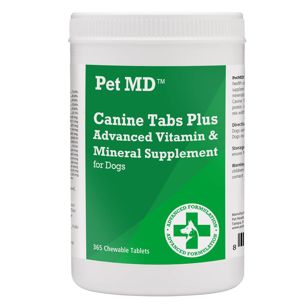Pet MD Canine Tabs Plus 365-count bottle, liver-flavored vitamins for daily canine health.