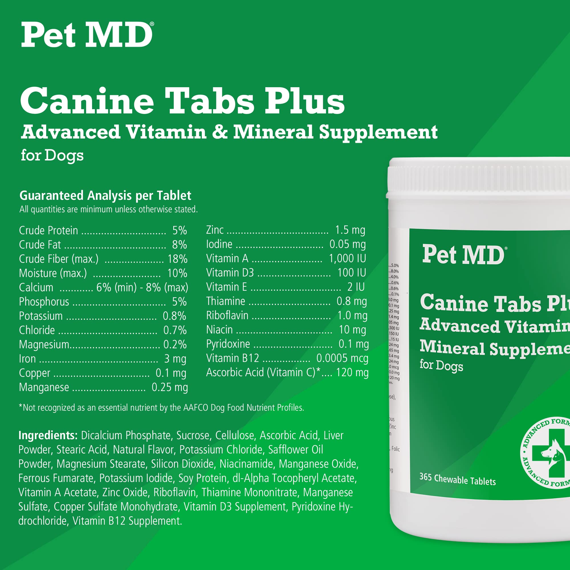 Pet MD Canine Tabs Plus liver-flavored chewables, convenient daily supplement for energy and coat health.