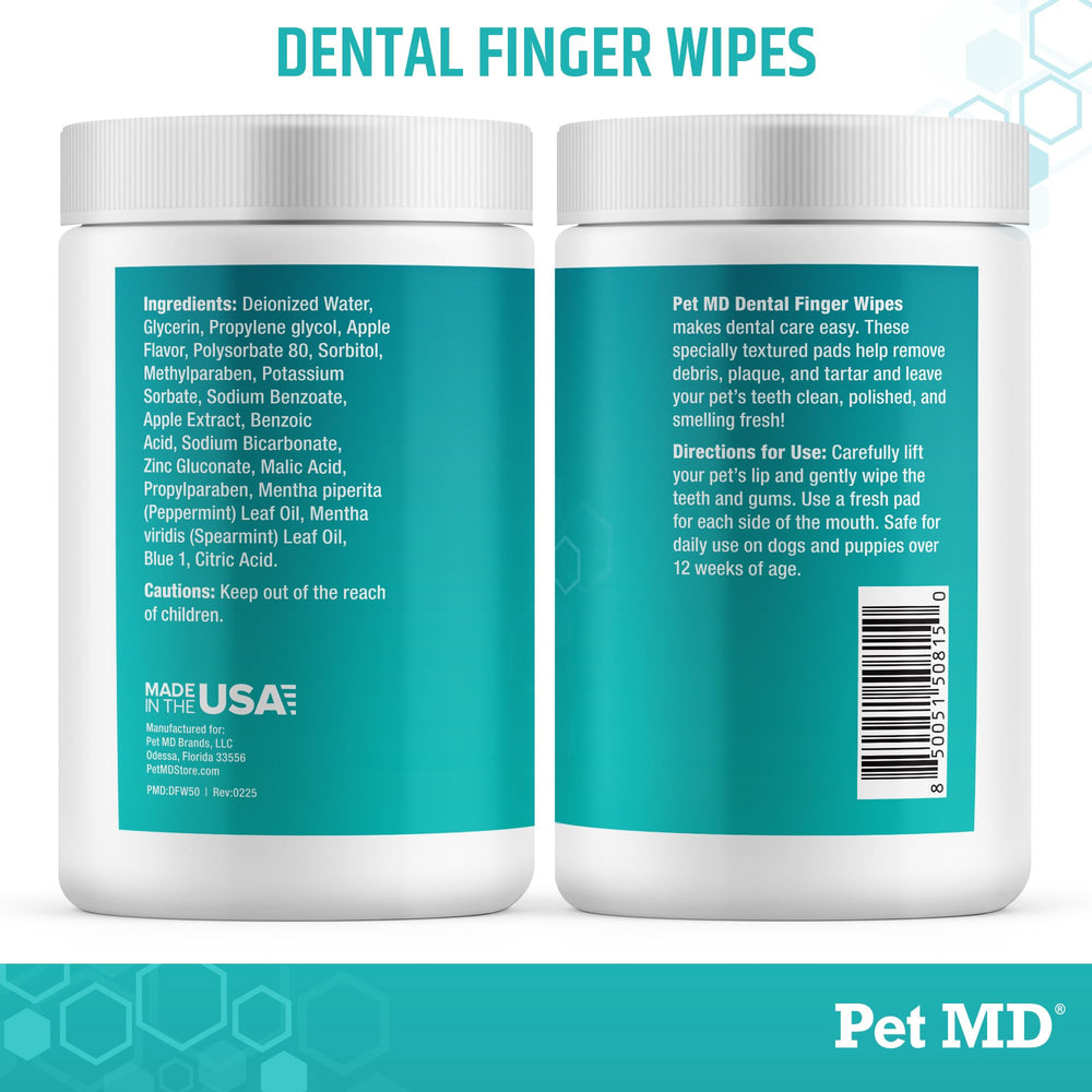 Pet MD dental finger wipes suitable for daily use on dogs.