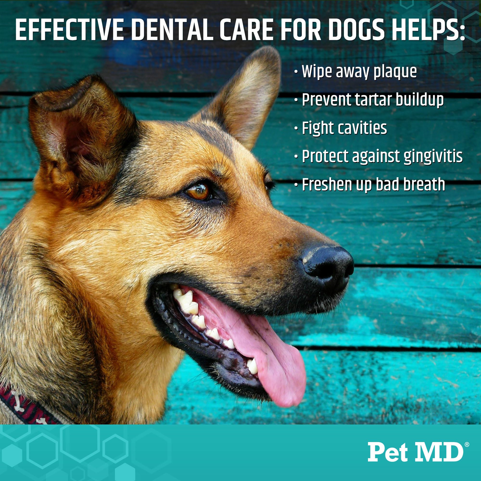 Pet MD dental finger wipes being used on a dog for dental care.